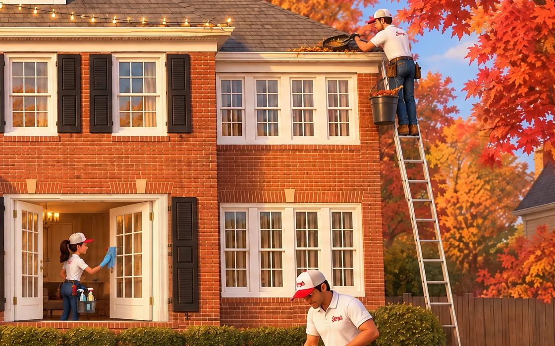 Illustration: a Jerry's crew member on a ladder clearing leaves from the eavestrough