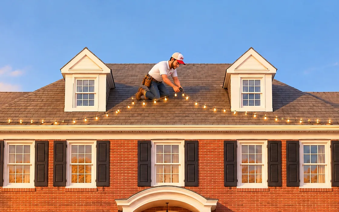 Illustration: a Jerry's crew member hanging Christmas lights along the roof