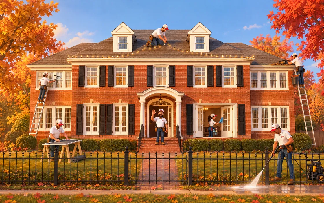 Illustration: Jerry's crew at work on a red-brick house in fall