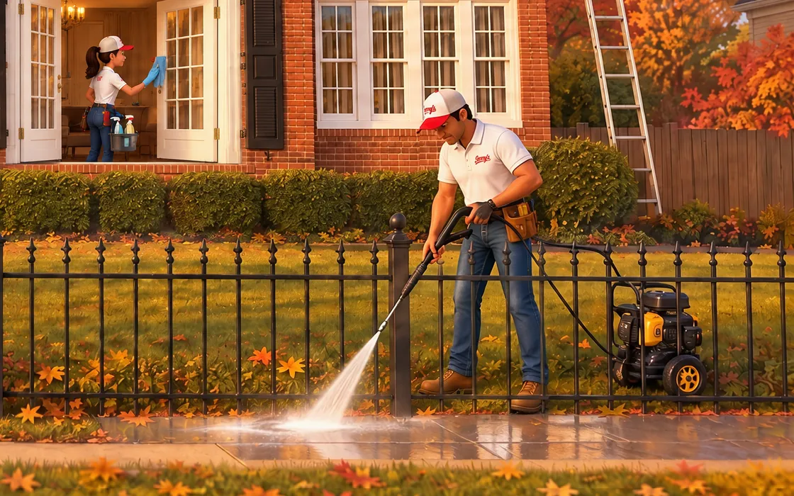 Illustration: a Jerry's crew member power washing the front walk